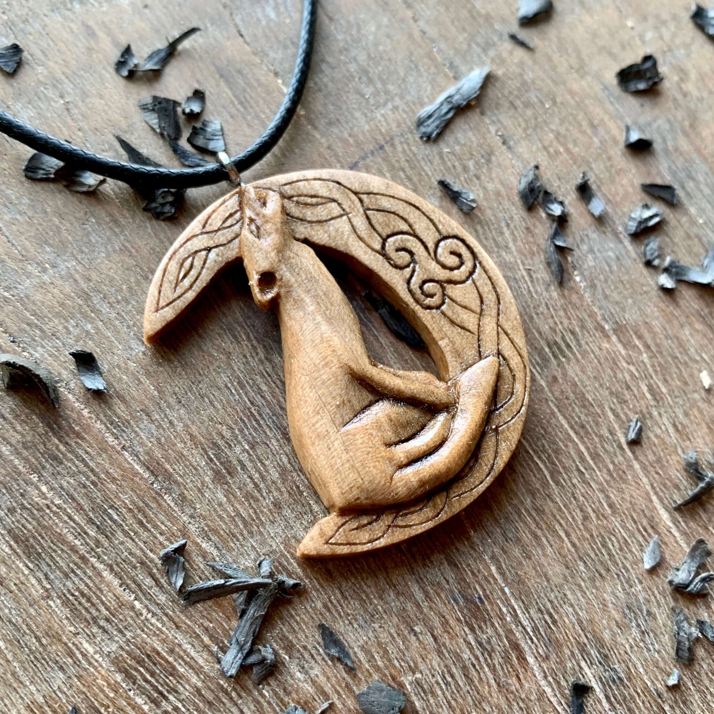 vkngjewelry Pendant Unique Walnut Wood Celtic Wolf On The Moon With Triskelion Pendant Style 1