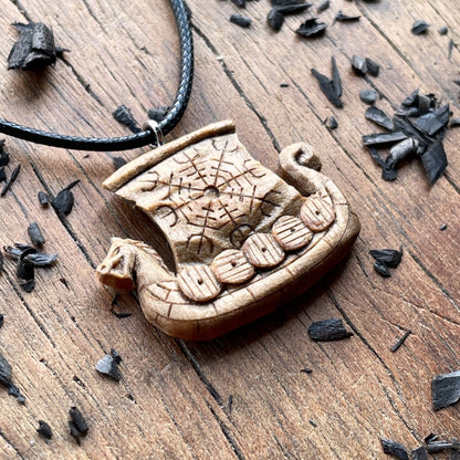 vkngjewelry Pendant Handcarved Unique Walnut Wood Drakkar Aegishjalmur Pendant