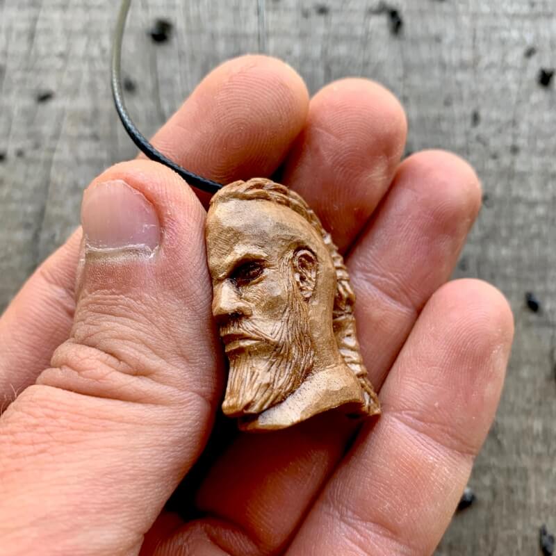 vkngjewelry Pendant Unique Walnut Wood Hand Carved Vikings Ragnar Profile Face Pendant