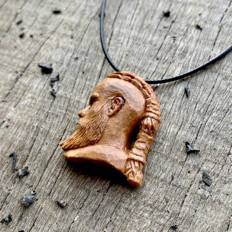 vkngjewelry Pendant Unique Walnut Wood Hand Carved Vikings Ragnar Profile Face Pendant