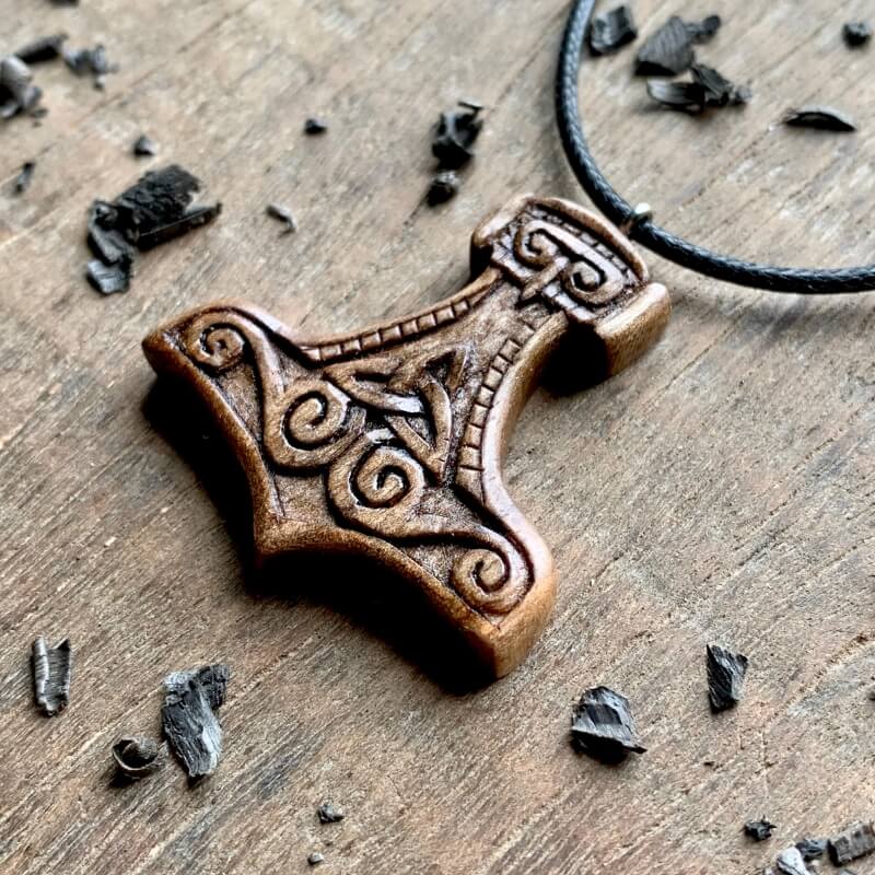 vkngjewelry Pendant Unique Walnut Wood Mjolnir Triquetra Pendant