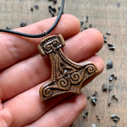 vkngjewelry Pendant Unique Walnut Wood Mjolnir Triquetra Pendant