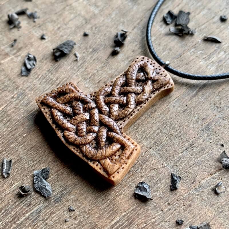 vkngjewelry Pendant Unique Walnut Wood Mjolnir Uroboro Snakes Pendant