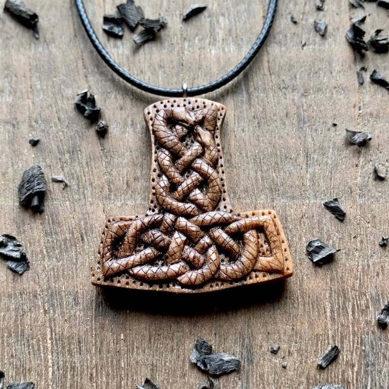 vkngjewelry Pendant Unique Walnut Wood Mjolnir Uroboro Snakes Pendant