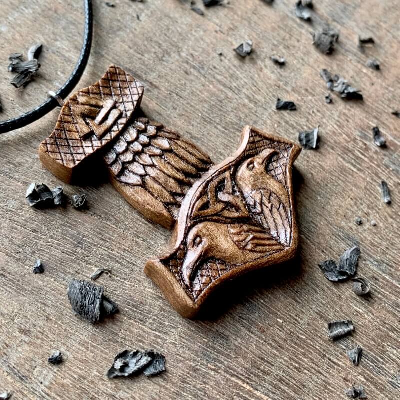 vkngjewelry Pendant Unique Walnut Wood Mjolnir With Ravens And Valknut Pendant