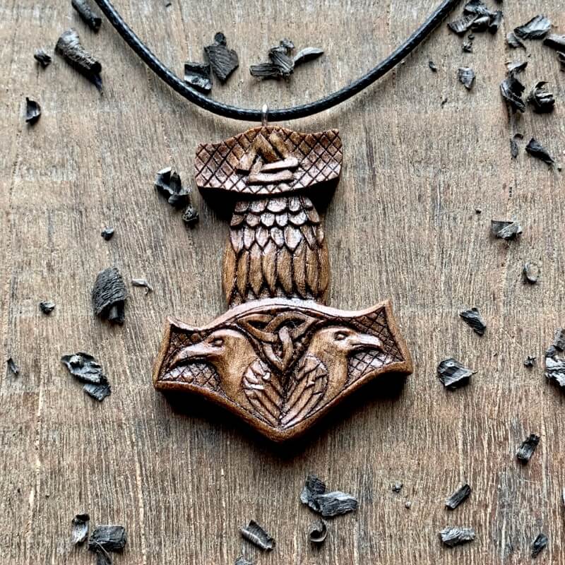 vkngjewelry Pendant Unique Walnut Wood Mjolnir With Ravens And Valknut Pendant