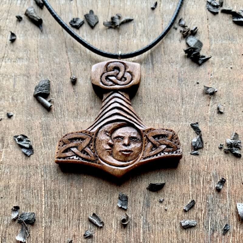 vkngjewelry Pendant Unique Walnut Wood Mjolnir With Sun And Moon Pendant