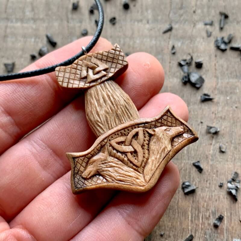 vkngjewelry Pendant Unique Walnut Wood Mjolnir With Wolves And Valknut Pendant