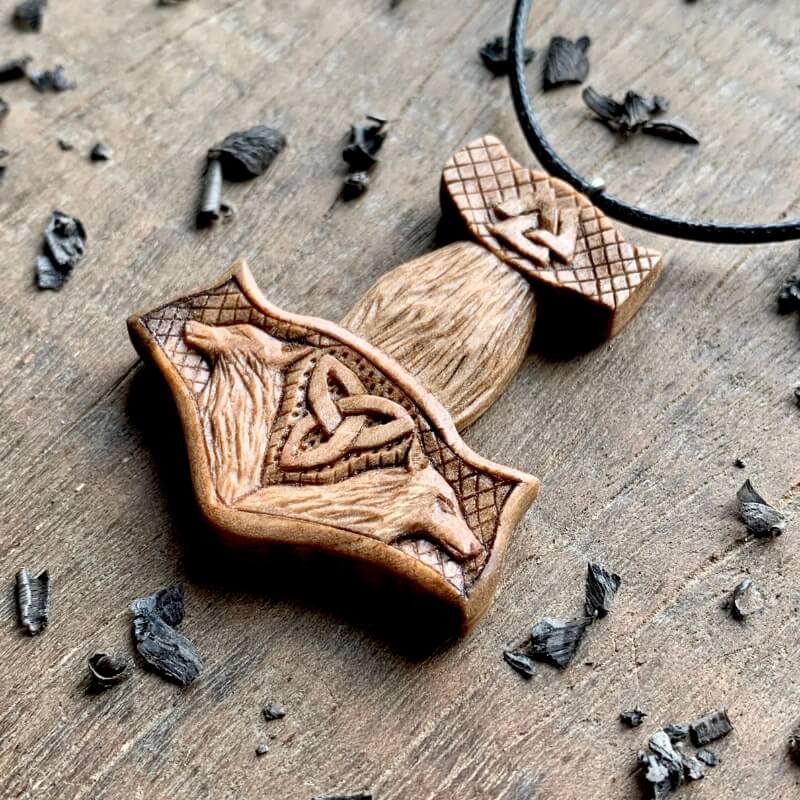 vkngjewelry Pendant Unique Walnut Wood Mjolnir With Wolves And Valknut Pendant