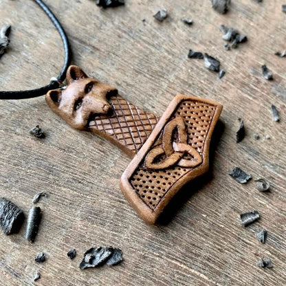 vkngjewelry Pendant Unique Walnut Wood Mjolnir Wolf Triquetra Pendant