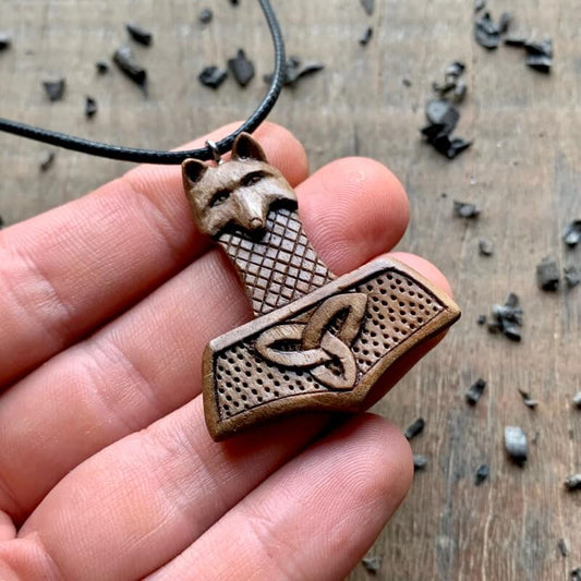 vkngjewelry Pendant Unique Walnut Wood Mjolnir Wolf Triquetra Pendant