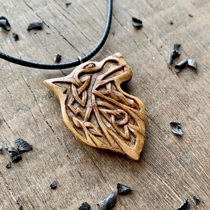 vkngjewelry Pendant Unique Walnut Wood Norse Design Wolf Pendant