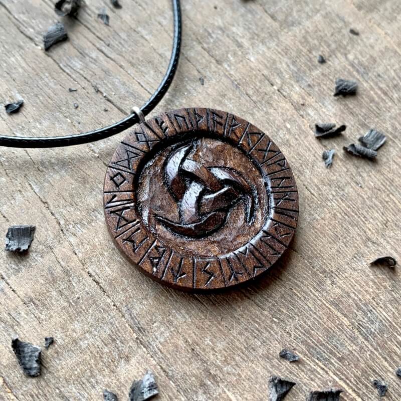 vkngjewelry Pendant Unique Walnut Wood Odin's Horns and Runes Pendant