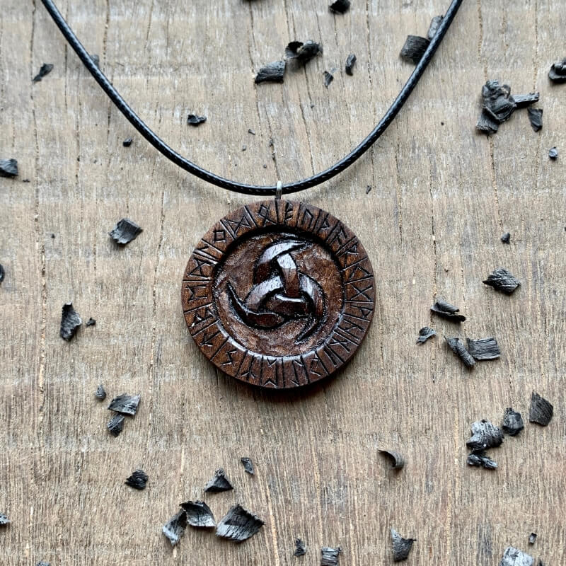 vkngjewelry Pendant Unique Walnut Wood Odin's Horns and Runes Pendant