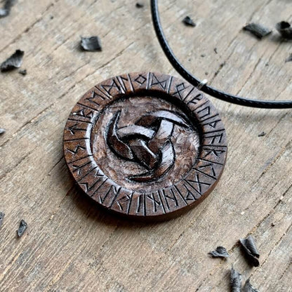 vkngjewelry Pendant Unique Walnut Wood Odin's Horns and Runes Pendant