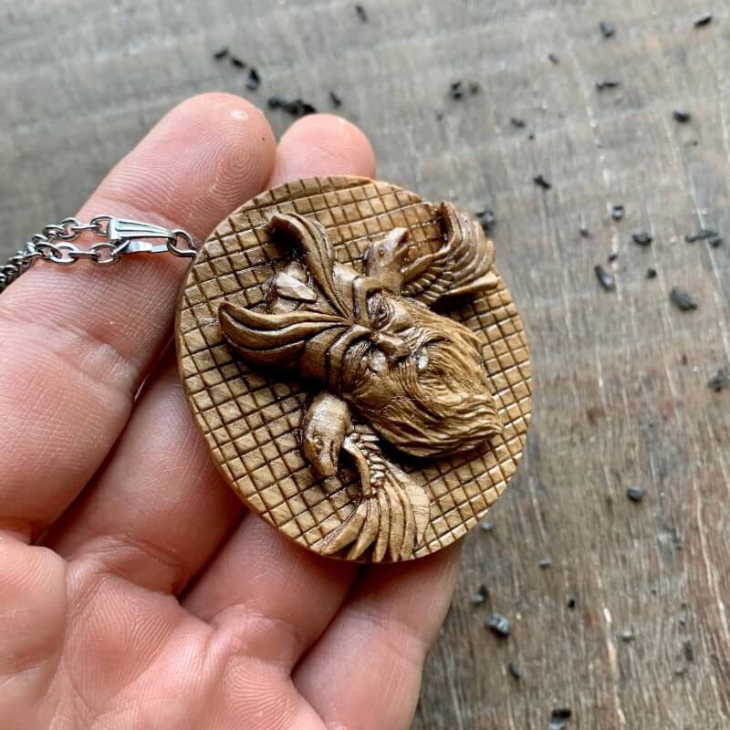 vkngjewelry Pendant Unique Walnut Wood Odin with Huginn and Muninn Pendant