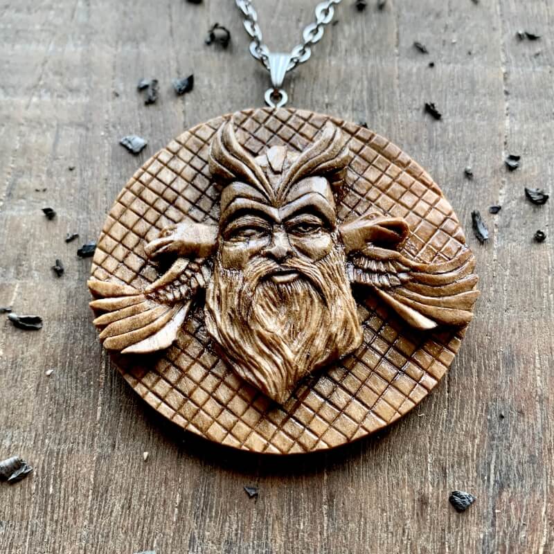 vkngjewelry Pendant Unique Walnut Wood Odin with Huginn and Muninn Pendant