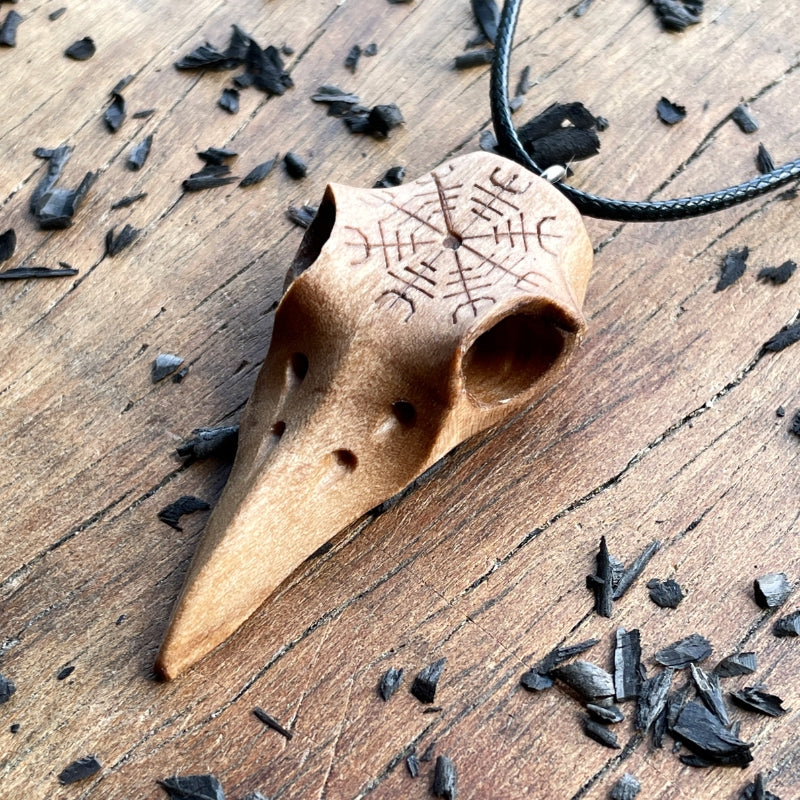 vkngjewelry Pendant Handcarved Unique Walnut Wood Raven's Skull With Helm Of Awe Pendant