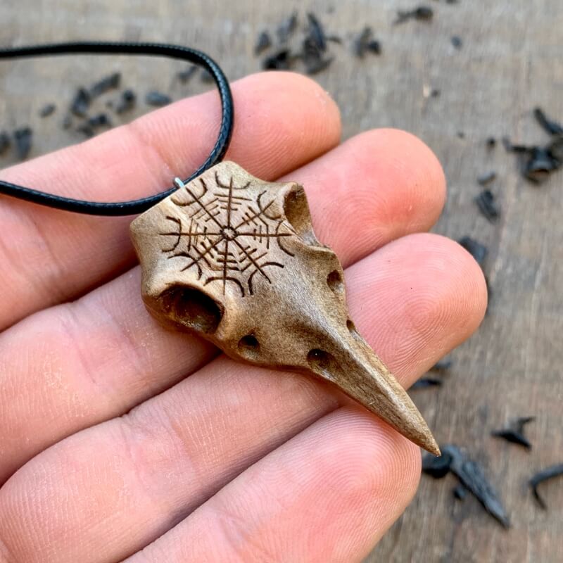 vkngjewelry Pendant Unique Walnut Wood Raven's Skull With Helm Of Awe Pendant