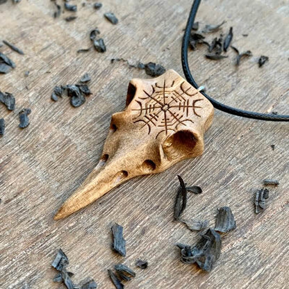 vkngjewelry Pendant Unique Walnut Wood Raven's Skull With Helm Of Awe Pendant