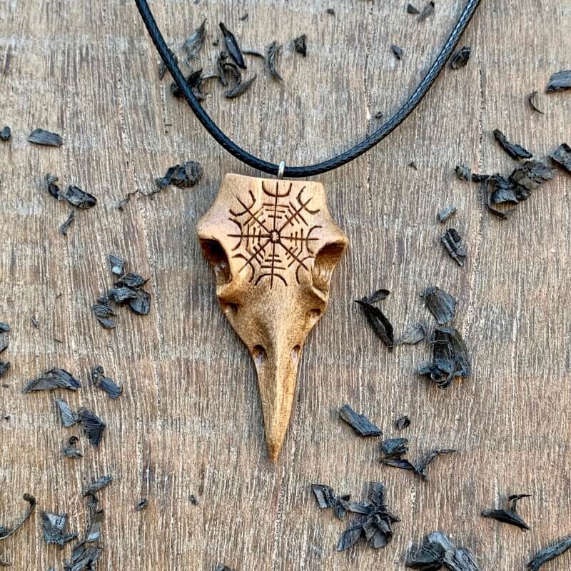 vkngjewelry Pendant Unique Walnut Wood Raven's Skull With Helm Of Awe Pendant