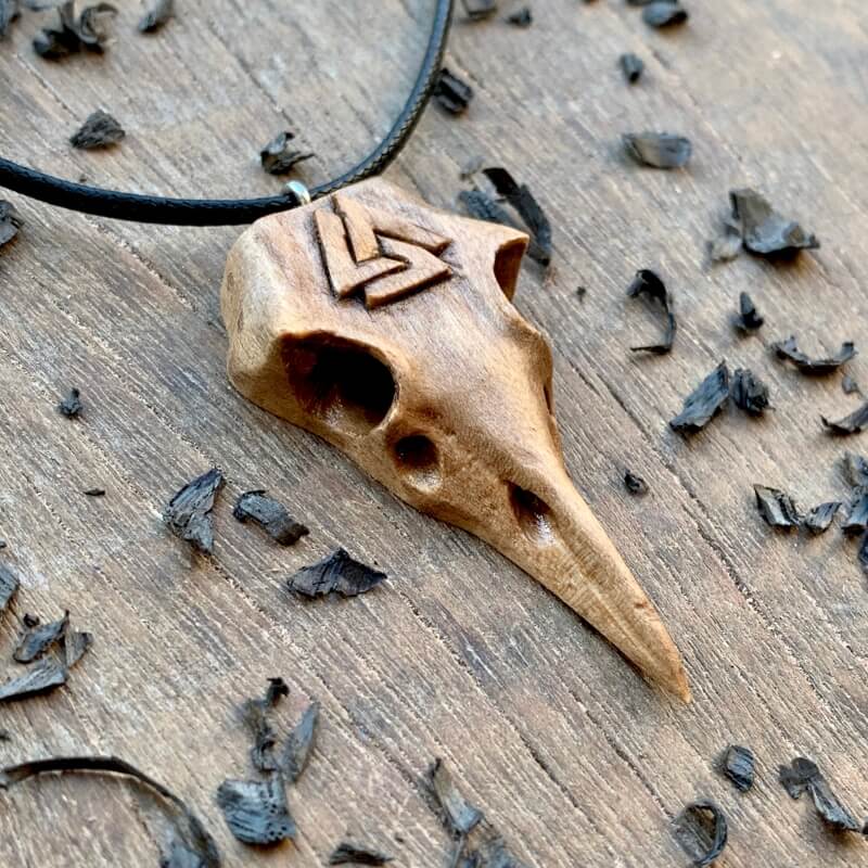 vkngjewelry Pendant Unique Walnut Wood Raven's Skull With Valknut Pendant