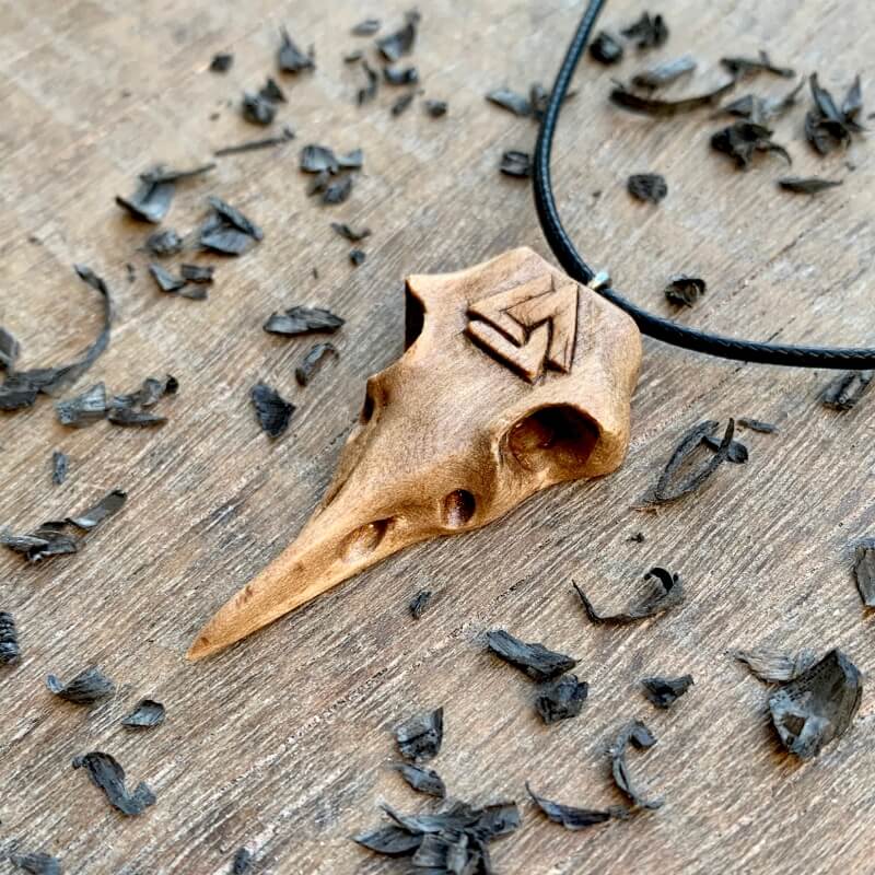 vkngjewelry Pendant Unique Walnut Wood Raven's Skull With Valknut Pendant