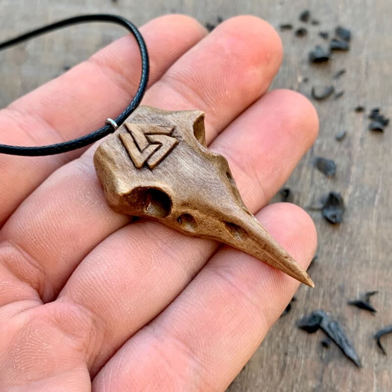 vkngjewelry Pendant Unique Walnut Wood Raven's Skull With Valknut Pendant