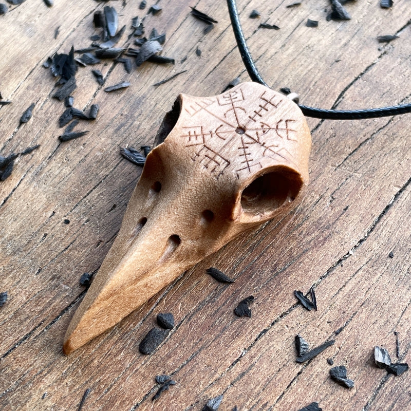 vkngjewelry Pendant Handcarved Unique Walnut Wood Raven's Skull With Vegvisir Pendant