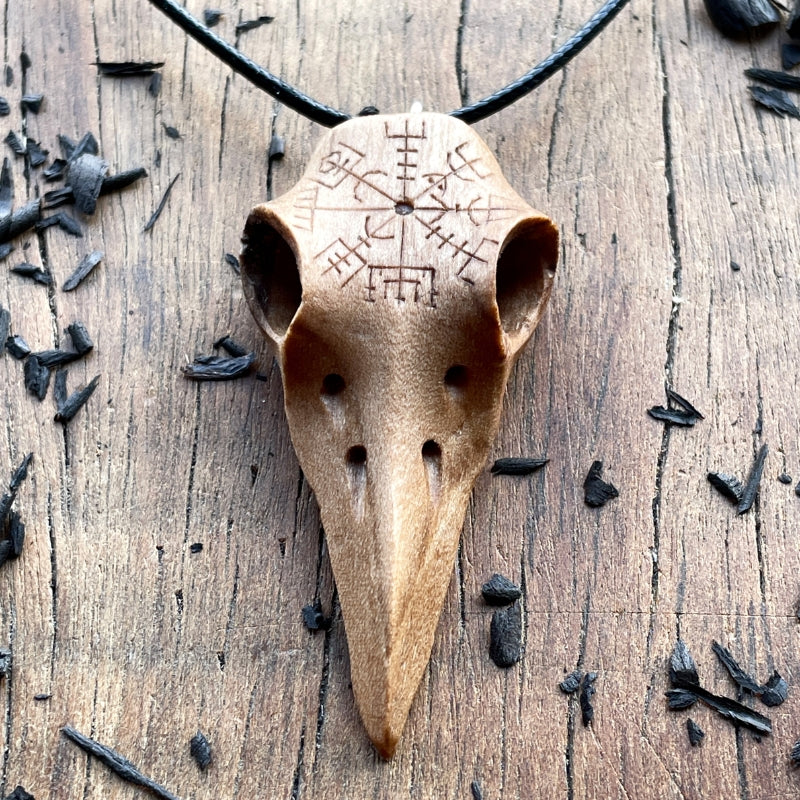 vkngjewelry Pendant Handcarved Unique Walnut Wood Raven's Skull With Vegvisir Pendant