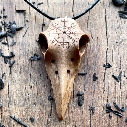 vkngjewelry Pendant Handcarved Unique Walnut Wood Raven's Skull With Vegvisir Pendant