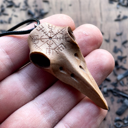 vkngjewelry Pendant Handcarved Unique Walnut Wood Raven's Skull With Vegvisir Pendant
