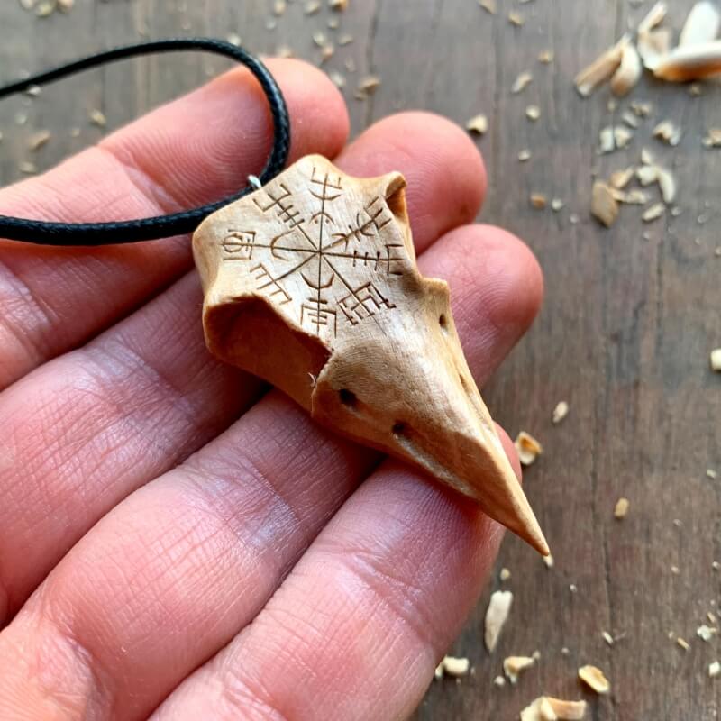 vkngjewelry Pendant Unique Walnut Wood Raven's Skull With Vegvisir Pendant