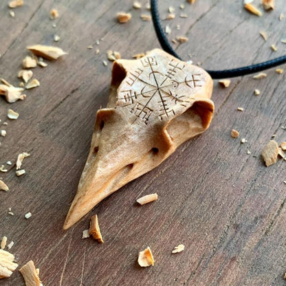 vkngjewelry Pendant Unique Walnut Wood Raven's Skull With Vegvisir Pendant