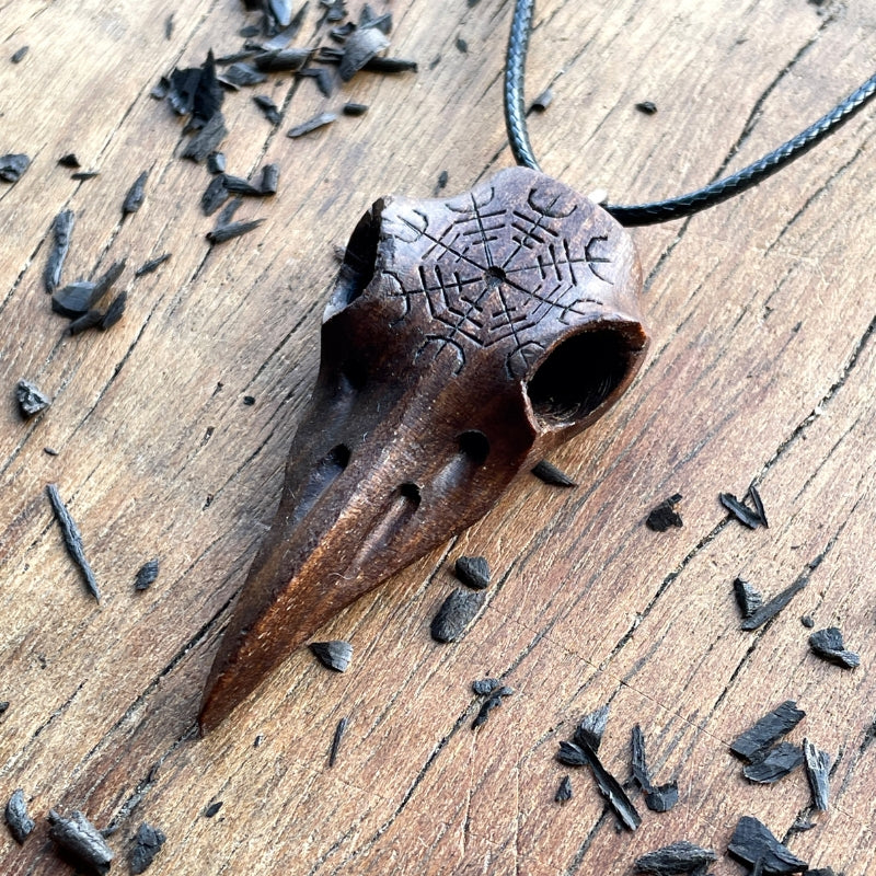 vkngjewelry Pendant Handcarved Unique Walnut Wood Raven Skull Aegishjalmur Pendant