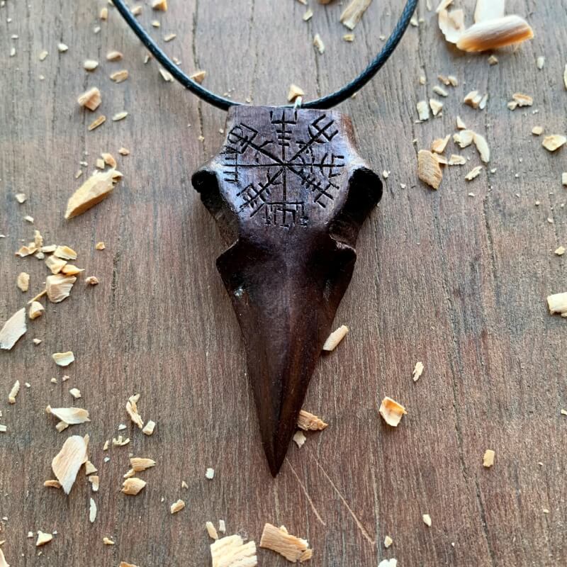 vkngjewelry Pendant Unique Walnut Wood Raven Skull Vegvisir Pendant
