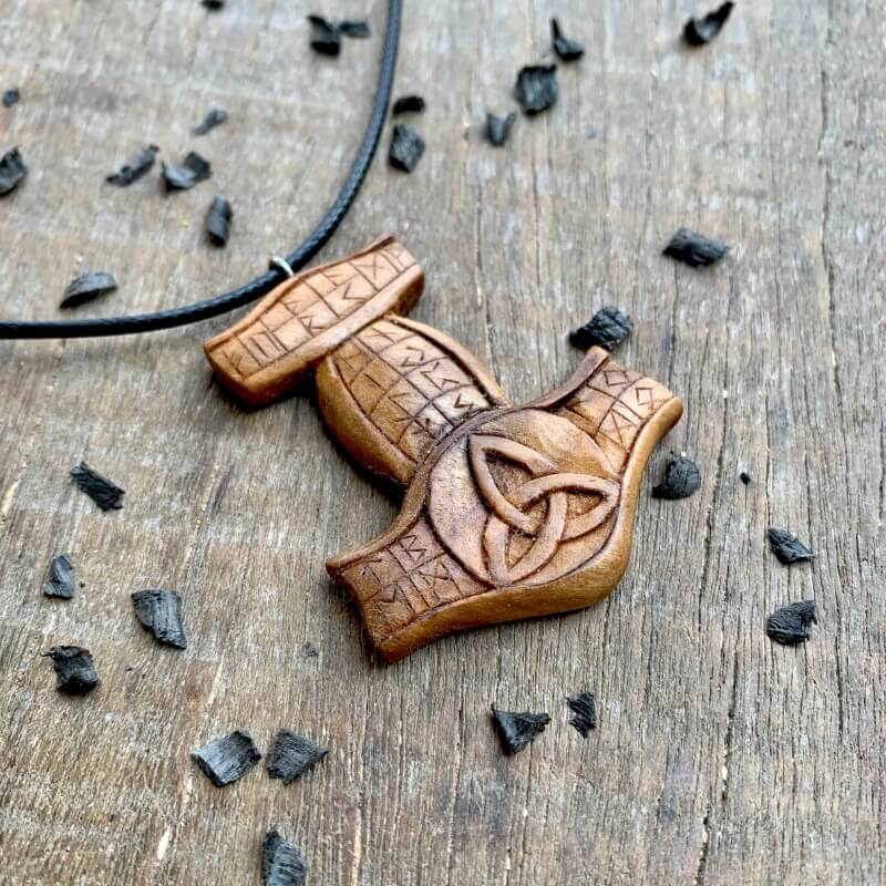 vkngjewelry Pendant Unique Wood Walnut Runic Mjolnir Triquetra Pendant