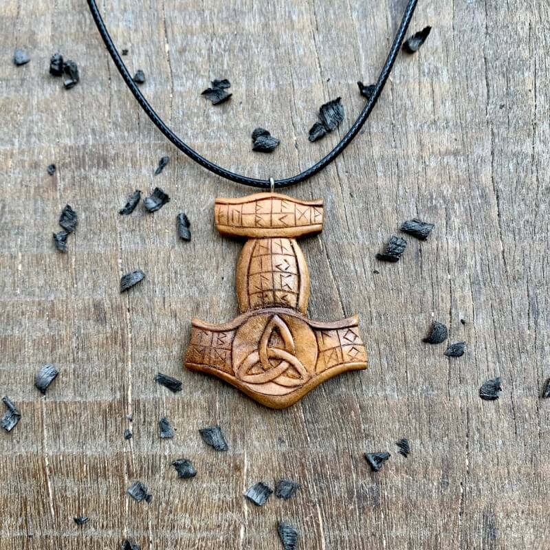 vkngjewelry Pendant Unique Wood Walnut Runic Mjolnir Triquetra Pendant