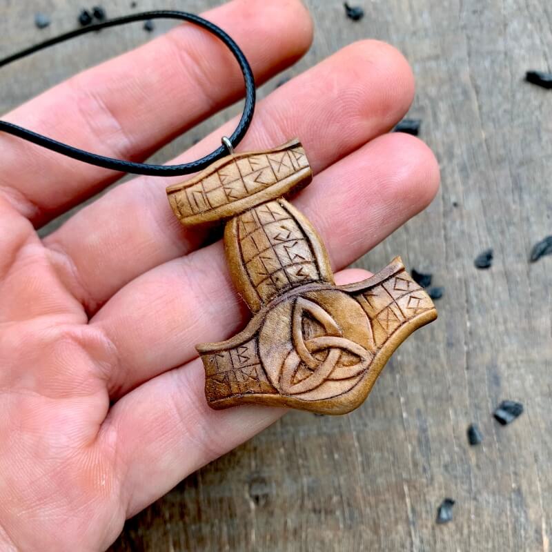 vkngjewelry Pendant Unique Wood Walnut Runic Mjolnir Triquetra Pendant