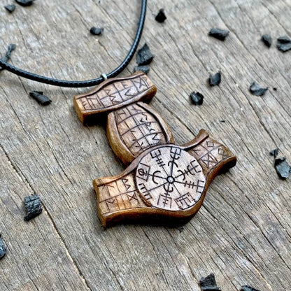 vkngjewelry Pendant Unique Walnut Wood Runic Mjolnir Vegvisir Pendant