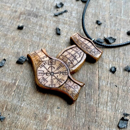 vkngjewelry Pendant Unique Walnut Wood Runic Mjolnir Vegvisir Pendant