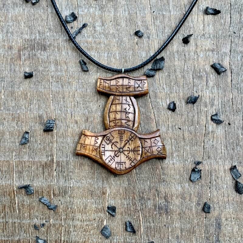 vkngjewelry Pendant Unique Walnut Wood Runic Mjolnir Vegvisir Pendant