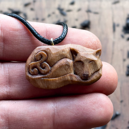 vkngjewelry Pendant Handcarved Unique Walnut Wood Sleeping Fox Triskelion Pendant