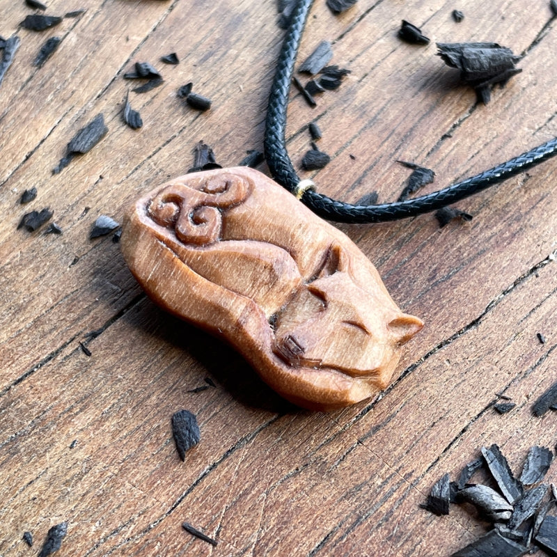 vkngjewelry Pendant Handcarved Unique Walnut Wood Sleeping Fox Triskelion Pendant