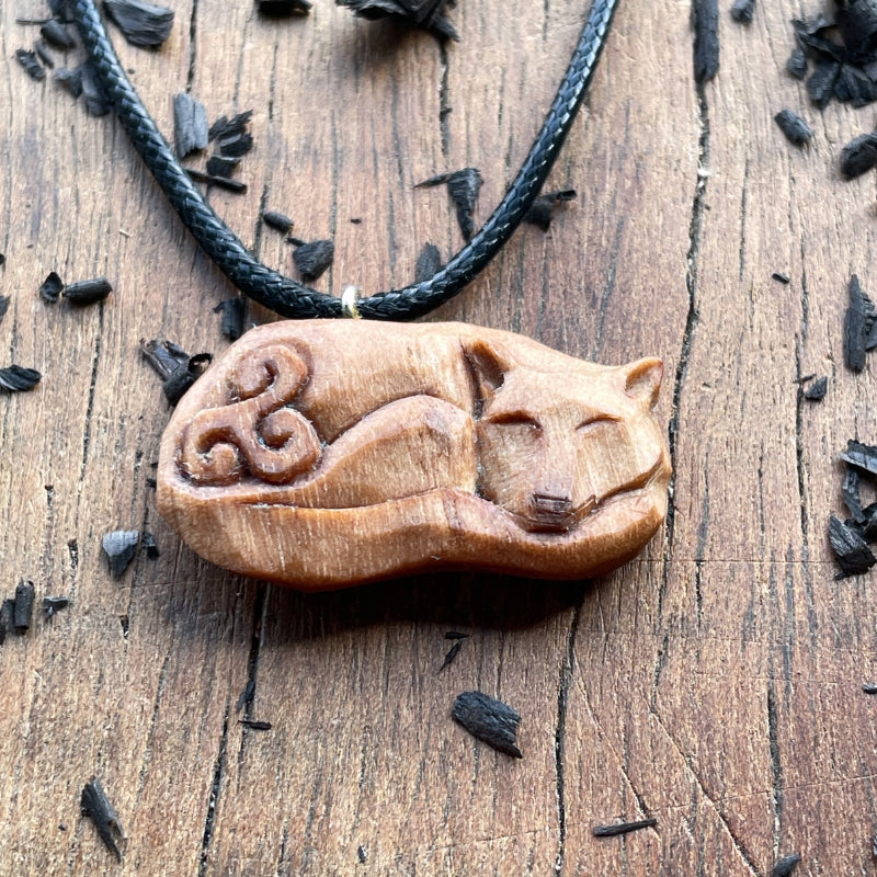 vkngjewelry Pendant Handcarved Unique Walnut Wood Sleeping Fox Triskelion Pendant