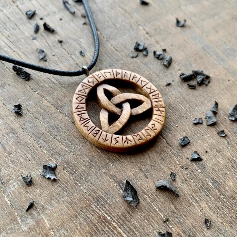 vkngjewelry Pendant Unique Walnut Wood Triquetra and Runes Pendant