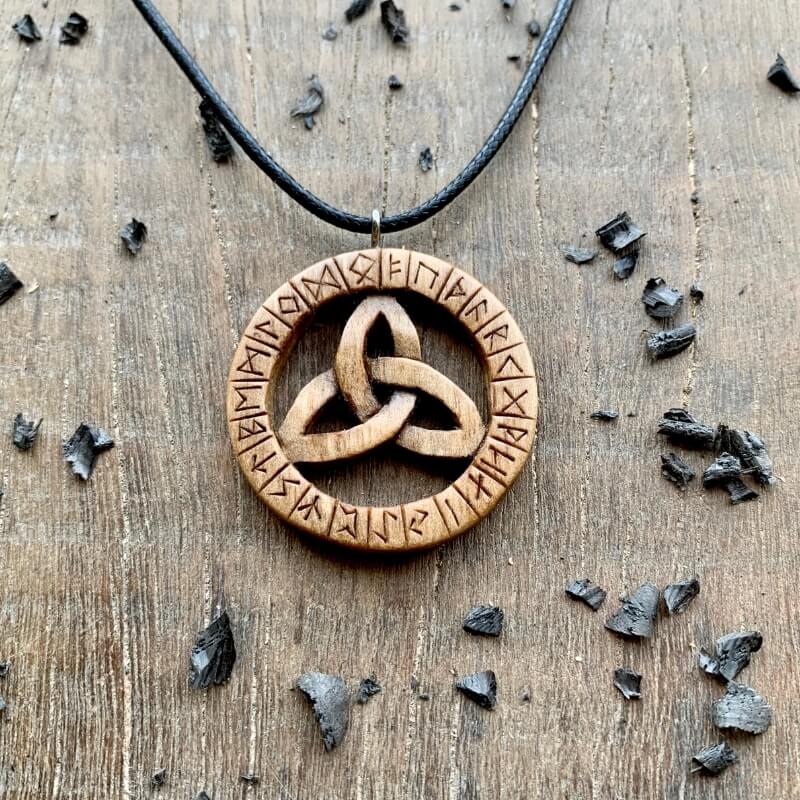 vkngjewelry Pendant Unique Walnut Wood Triquetra and Runes Pendant