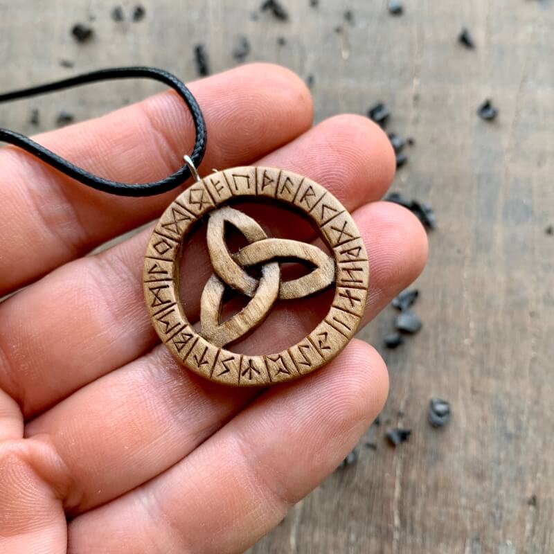 vkngjewelry Pendant Unique Walnut Wood Triquetra and Runes Pendant