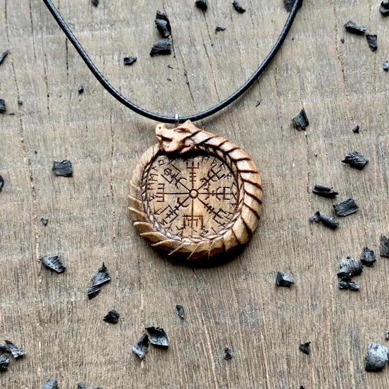 vkngjewelry Pendant Unique Walnut Wood Uroboro Vegvisir Runes Pendant