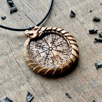 vkngjewelry Pendant Unique Walnut Wood Uroboro Vegvisir Runes Pendant